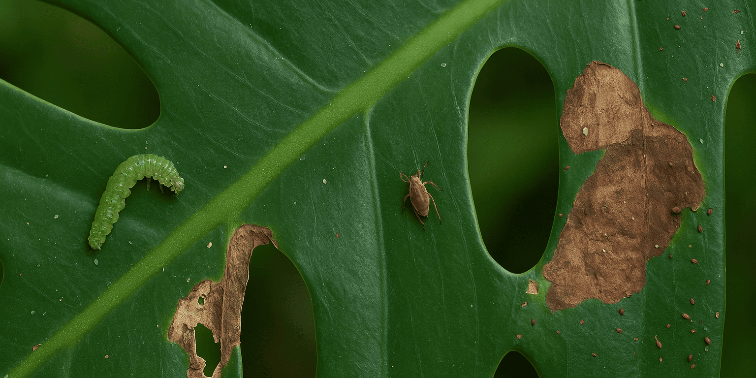 Nahaufnahme einer Monstera mit Schädlingen