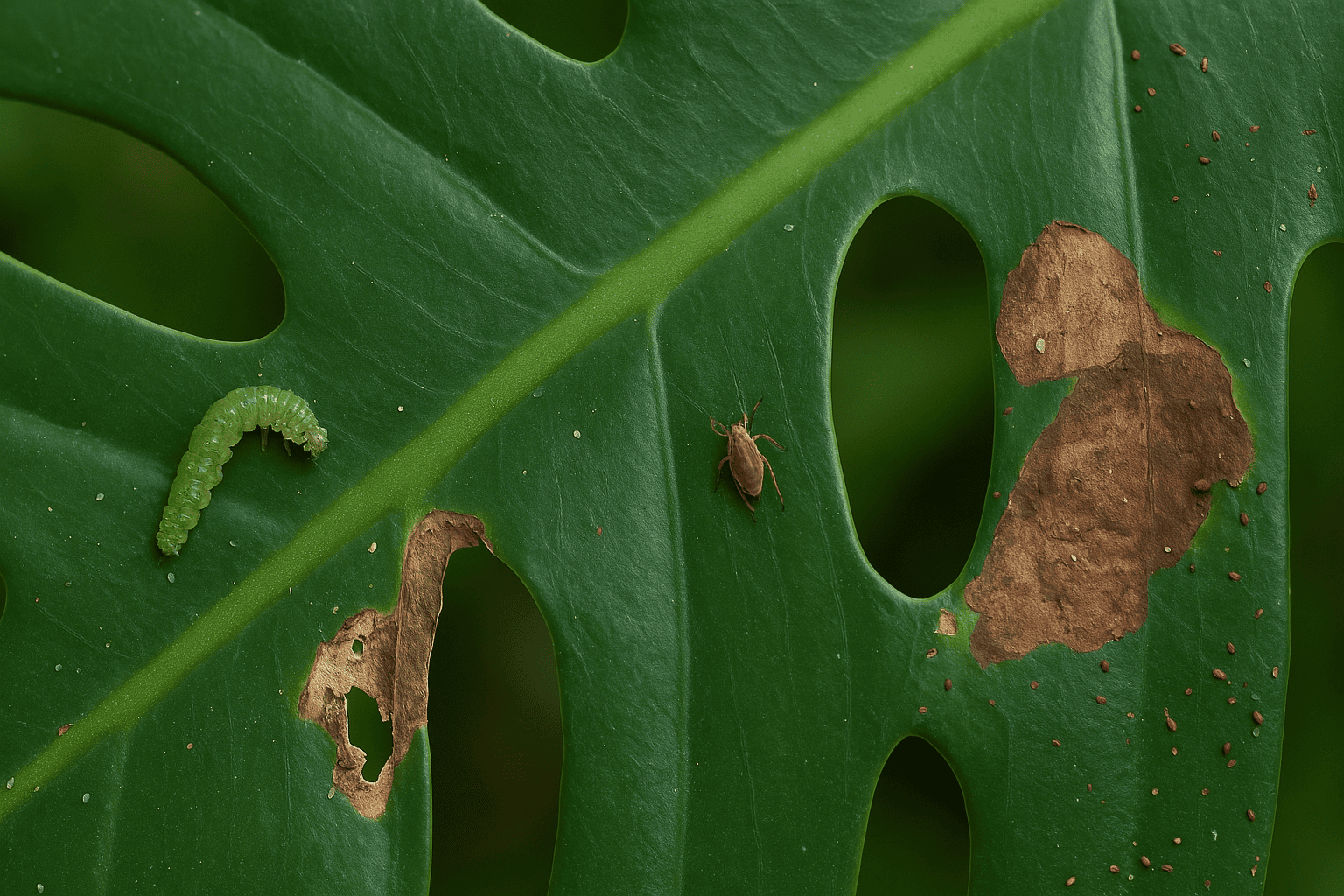 Nahaufnahme einer Monstera mit Schädlingen