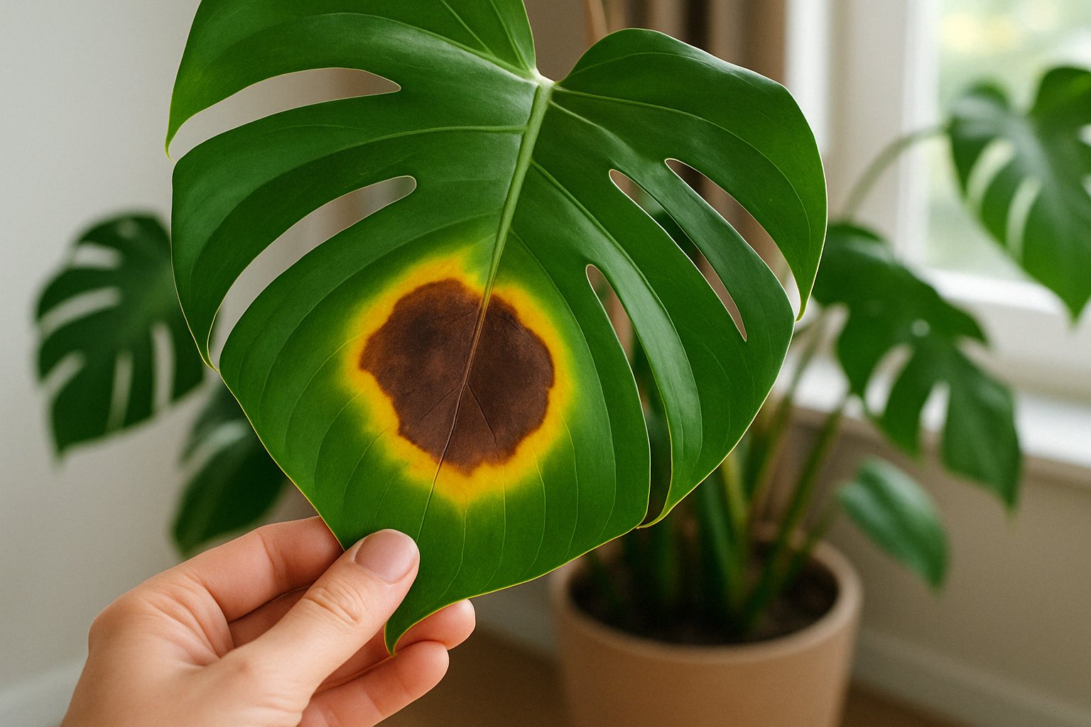 Monstera mit braunen Flecken und gelbem Rand: Was tun?