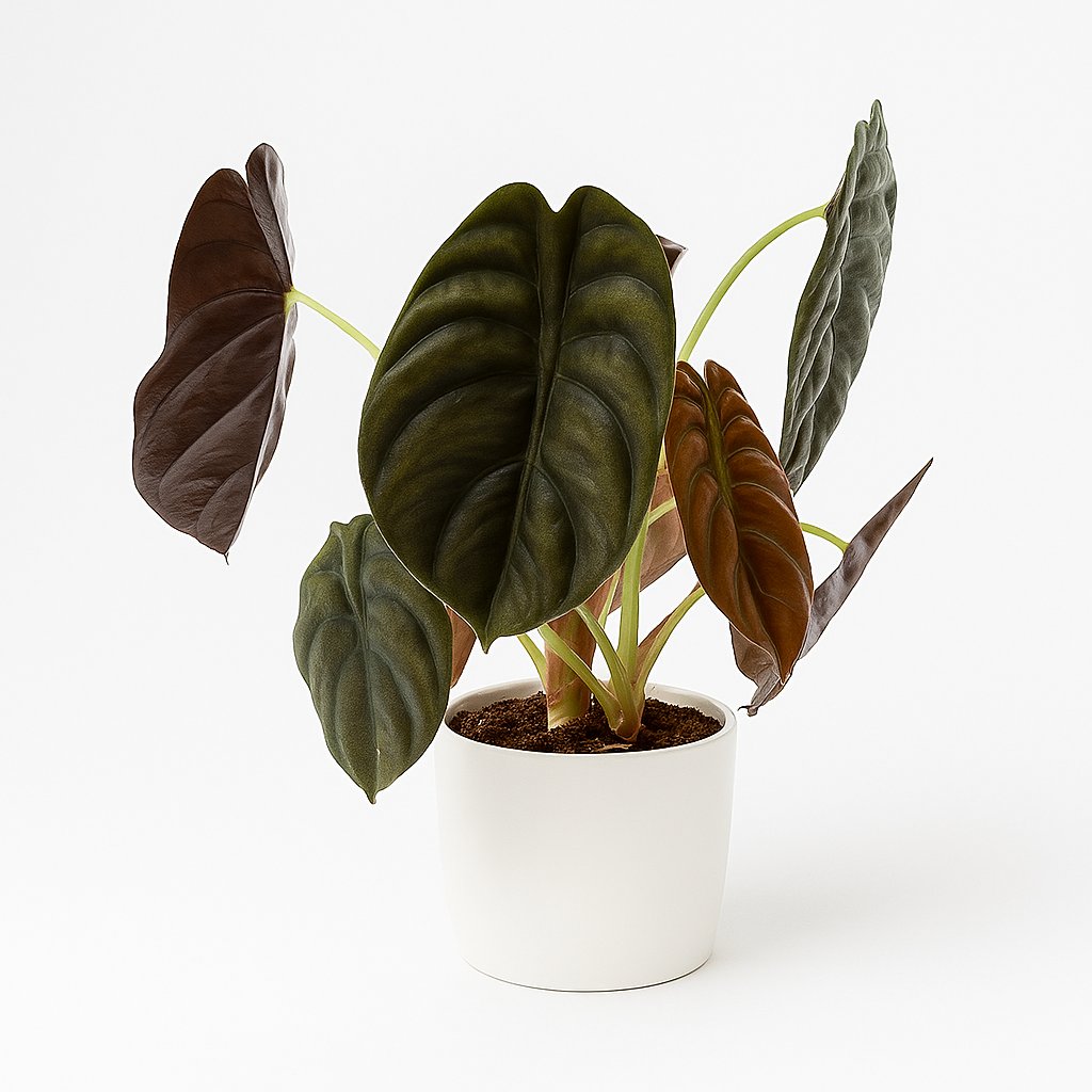 Alocasia Red Secret - 35cm in einem modernen Studio mit modernem Topf