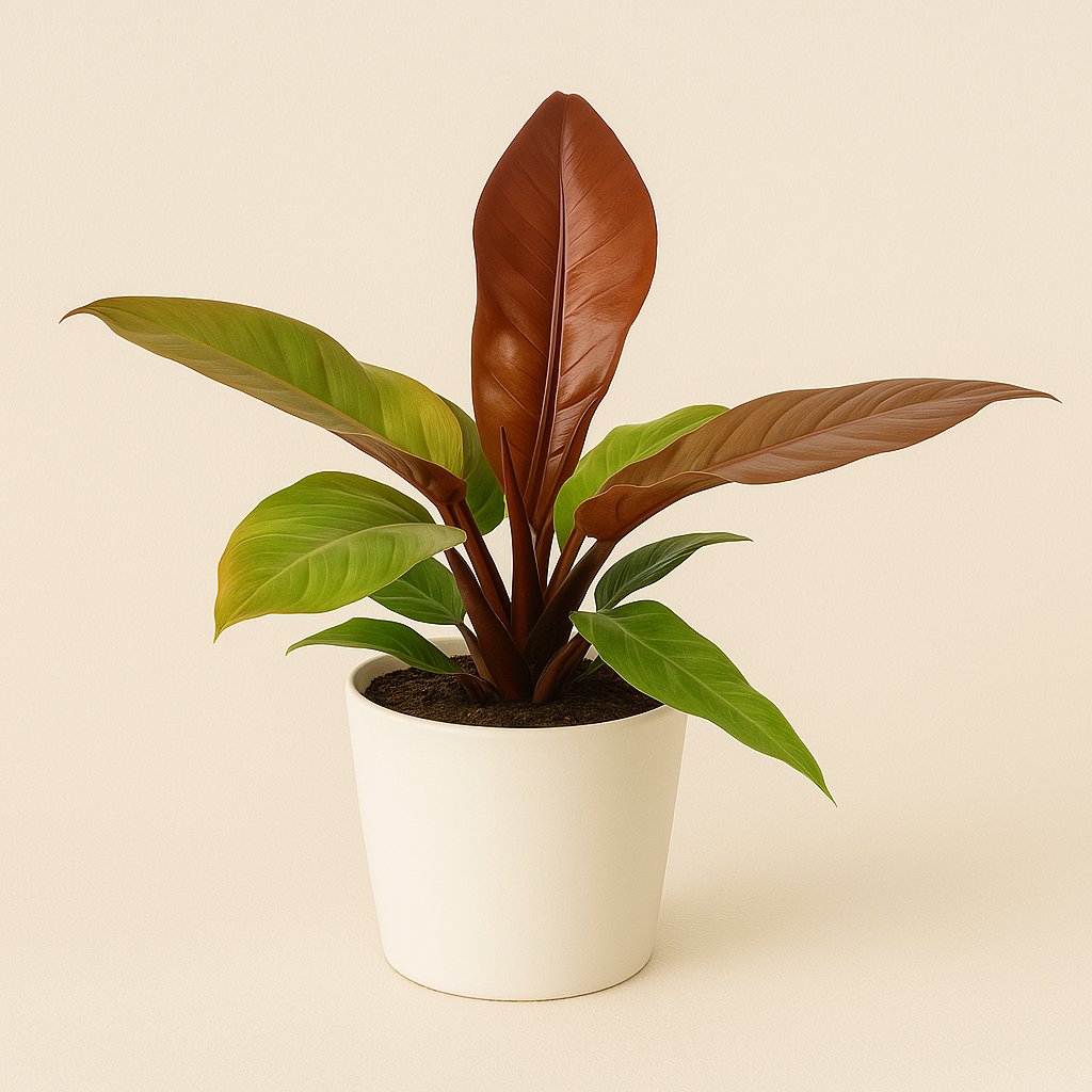 Philodendron Prince of Orange - 45cm in einem modernen Studio mit modernem Topf