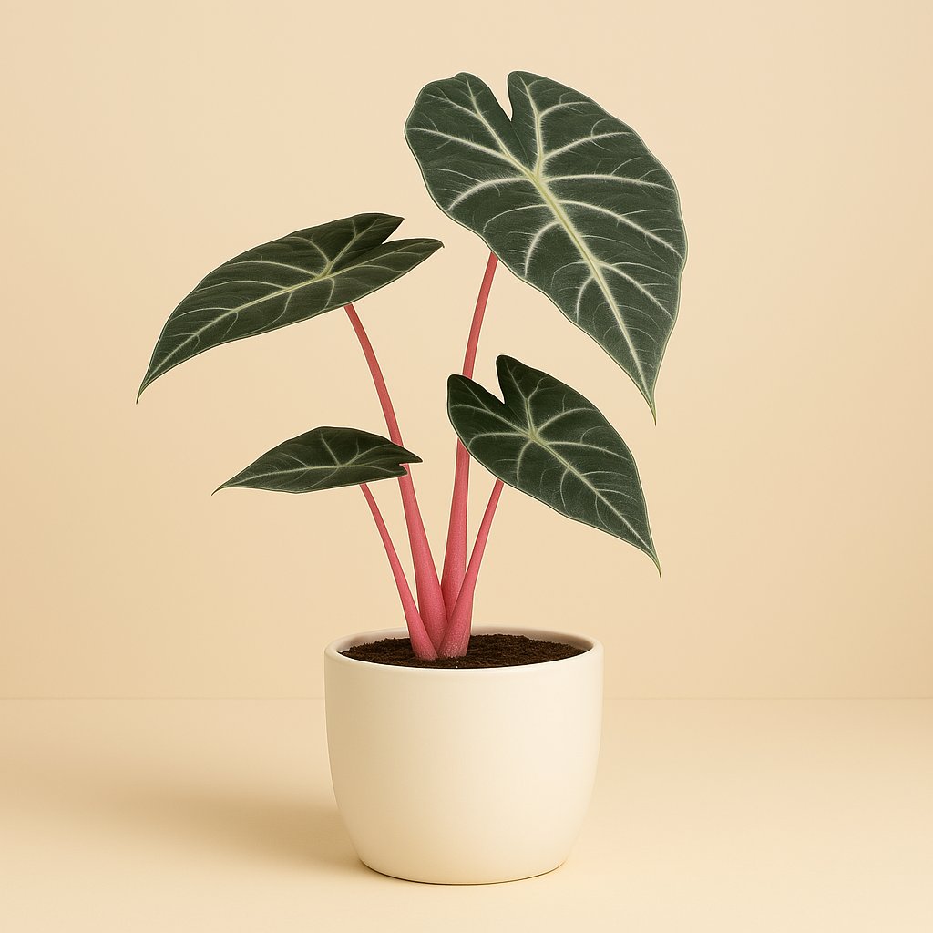 Alocasia Pink Dragon - 60cm in einem modernen Studio mit modernem Topf