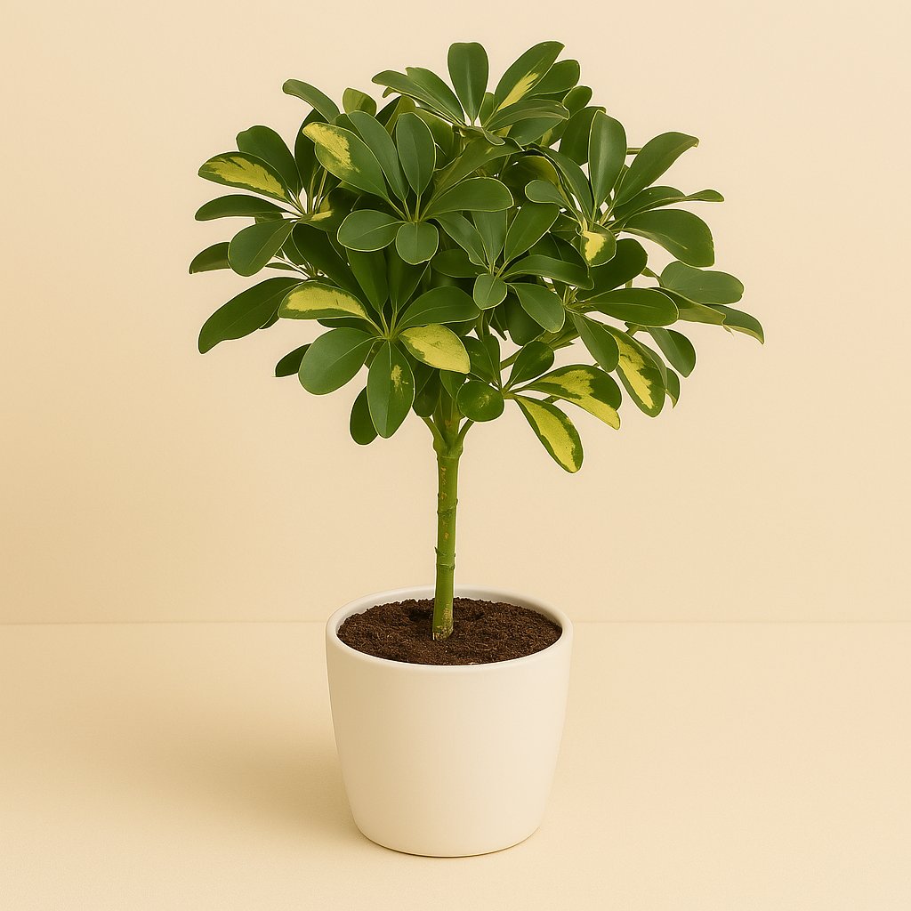 Schefflera Gold Capella - 60cm in einem modernen Studio mit modernem Topf