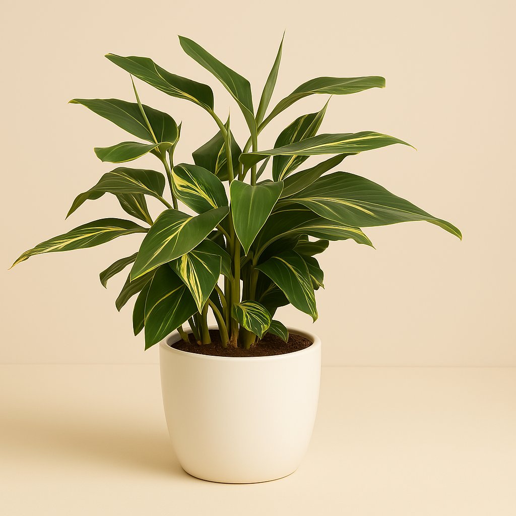 Alpinia Zerumbet Variegata - 80cm in einem modernen Studio mit modernem Topf