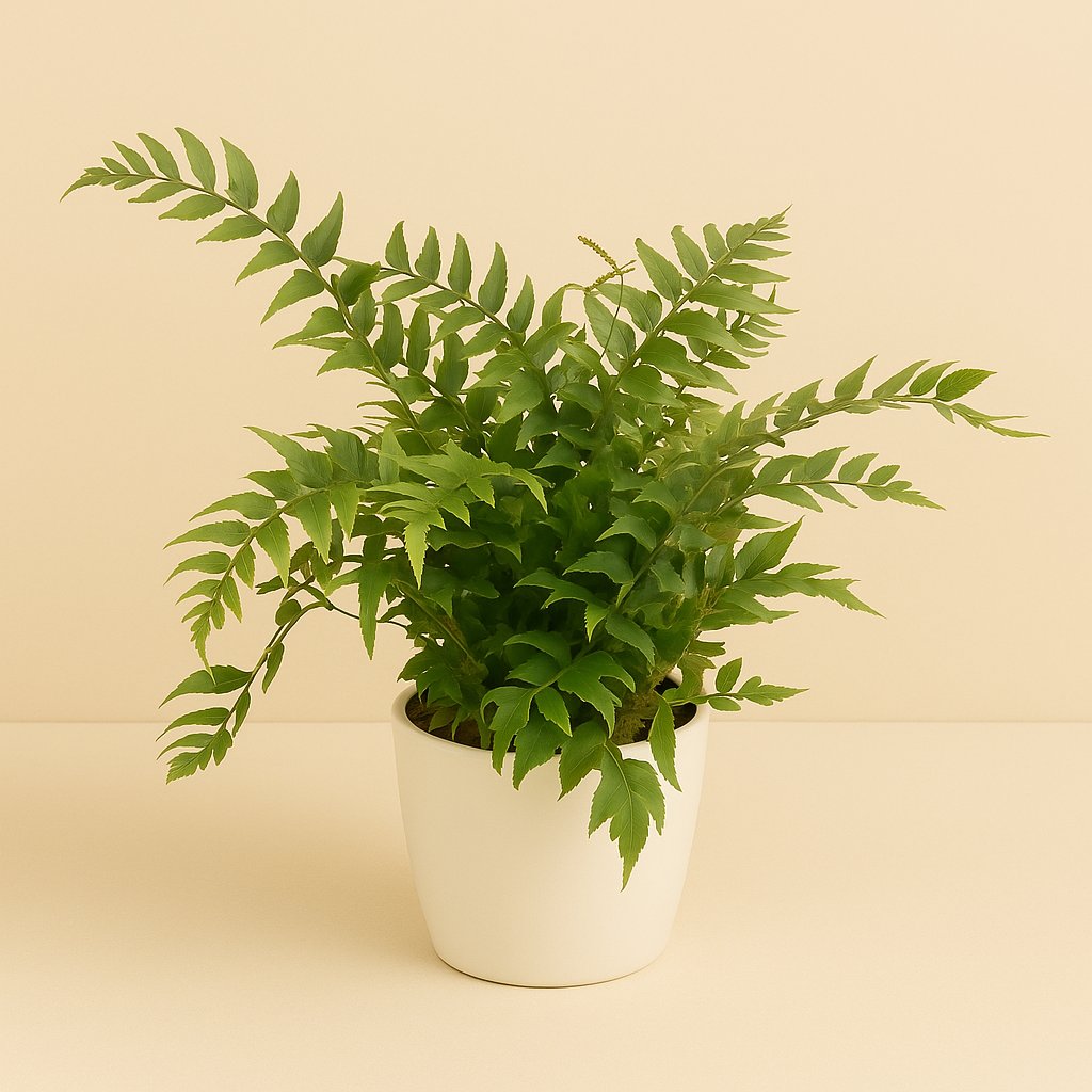 Cyrtomium Fortunei Clivicola - 45cm in einem modernen Studio mit modernem Topf