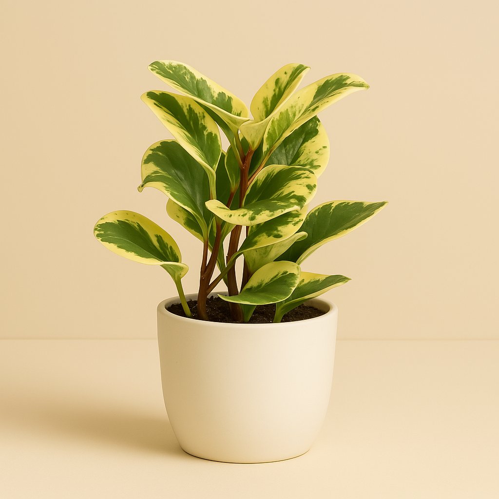 Peperomia Obtusifolia Variegata - 20cm in einem modernen Studio mit modernem Topf