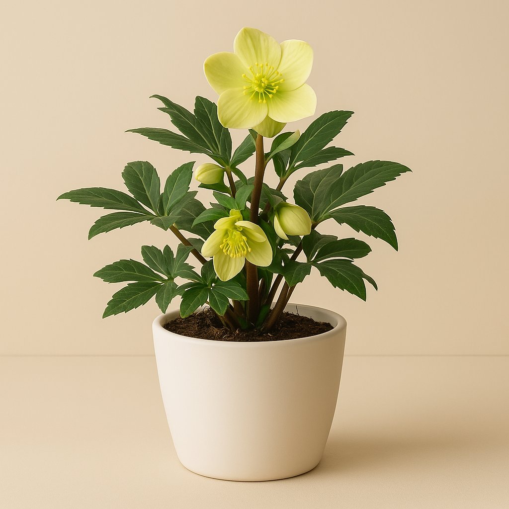 Helleborus Niger - 35cm in einem modernen Studio mit modernem Topf