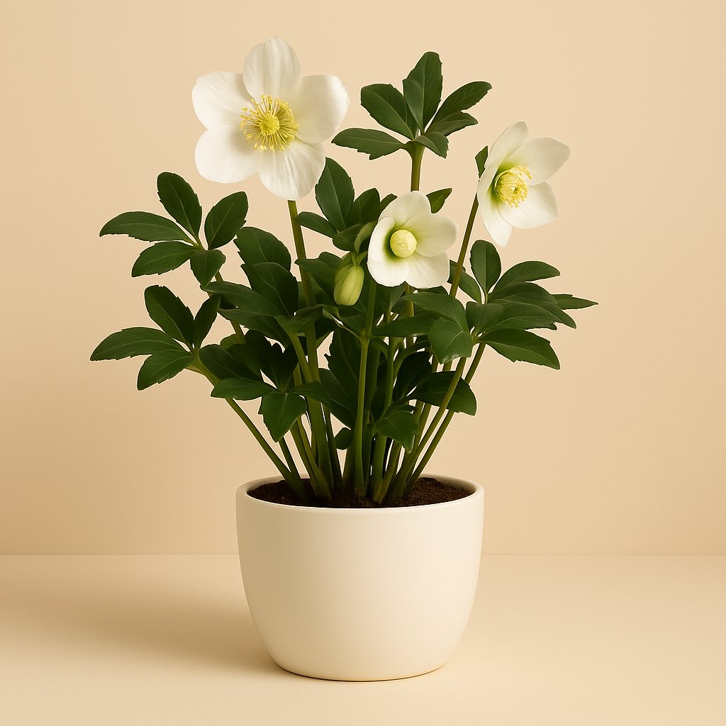 Helleborus Niger Christmas Carol - 30cm in einem modernen Studio mit modernem Topf