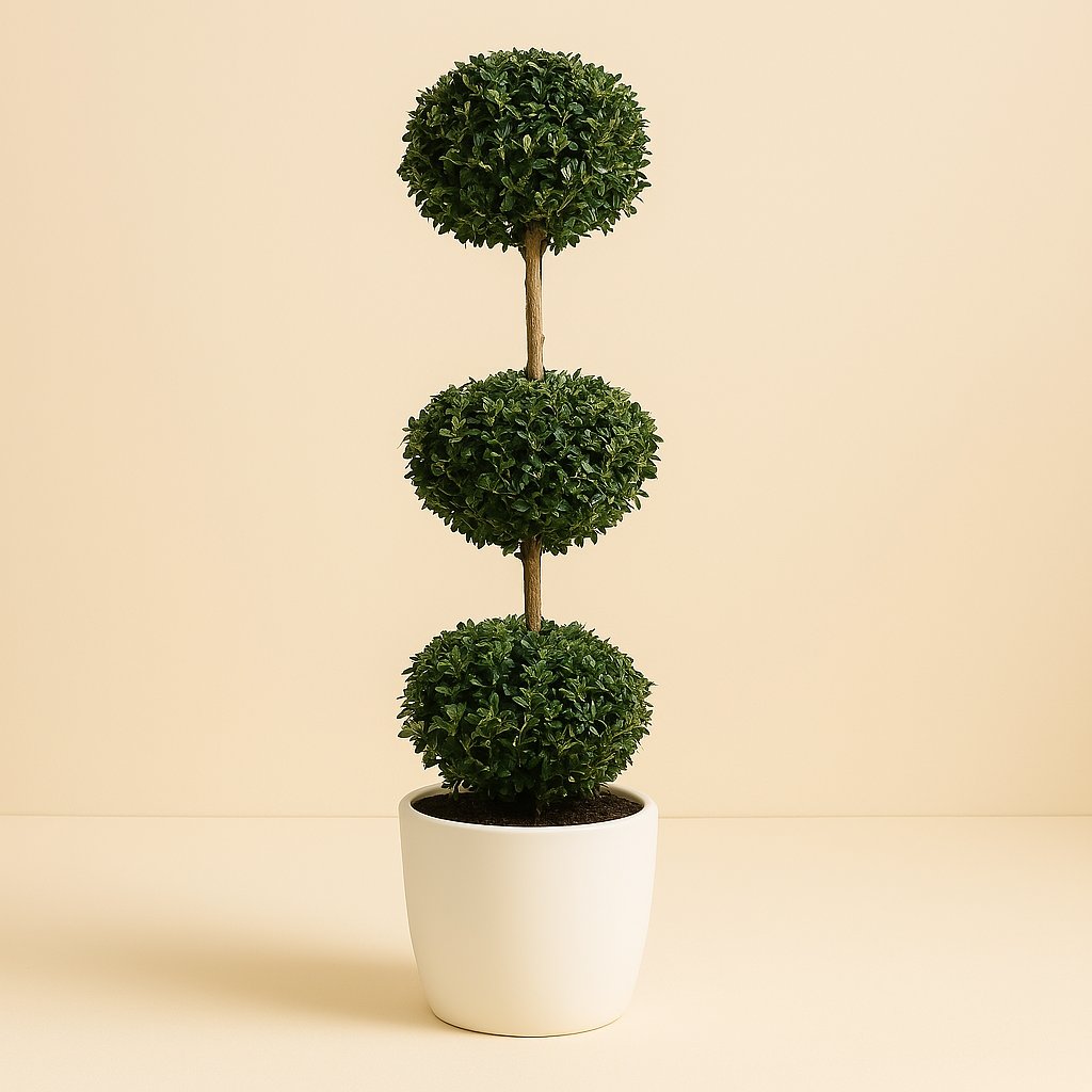 Buxus Semp. Trio-Ball - 110cm in einem modernen Studio mit modernem Topf