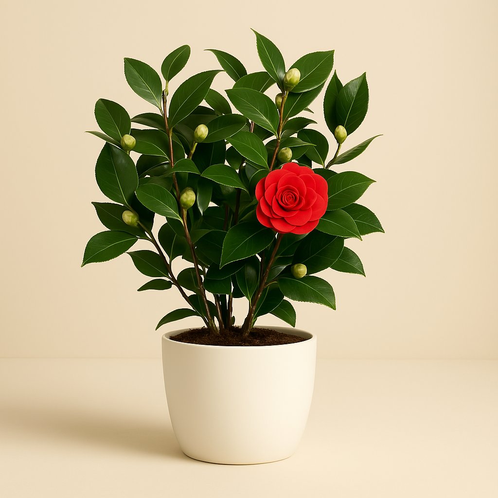 Camellia Jap. Black Lace - 55cm in einem modernen Studio mit modernem Topf