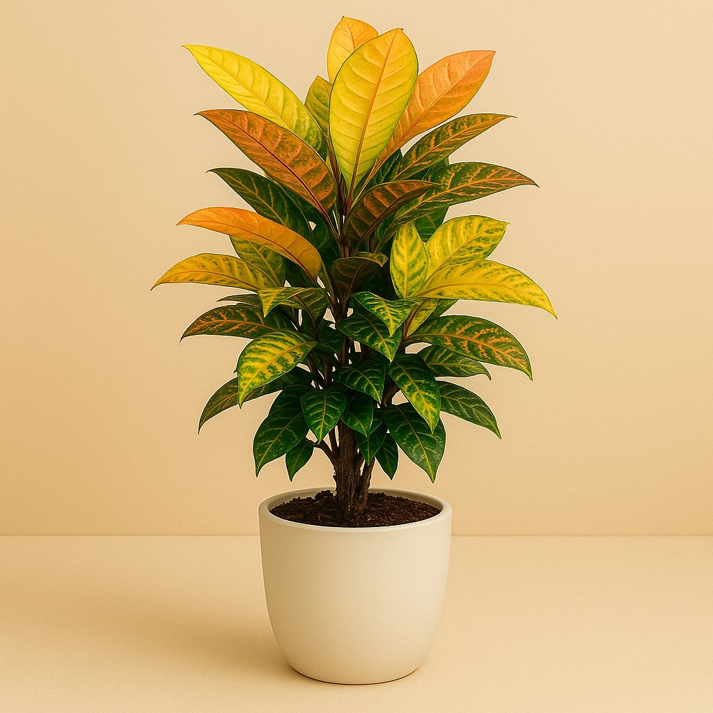 Codiaeum Mrs Iceton - 70cm in einem modernen Studio mit modernem Topf