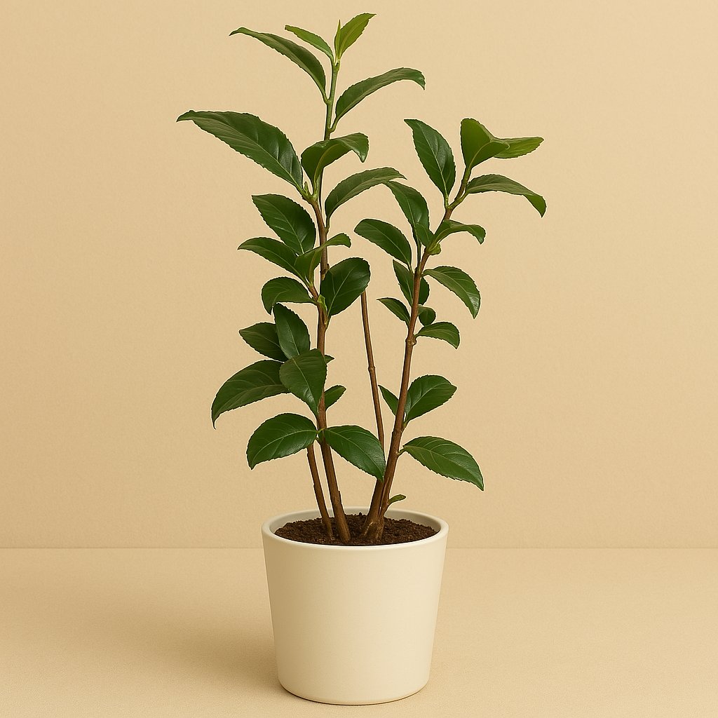 Camellia Sinensis - Teepflanze - 40cm in einem modernen Studio mit modernem Topf