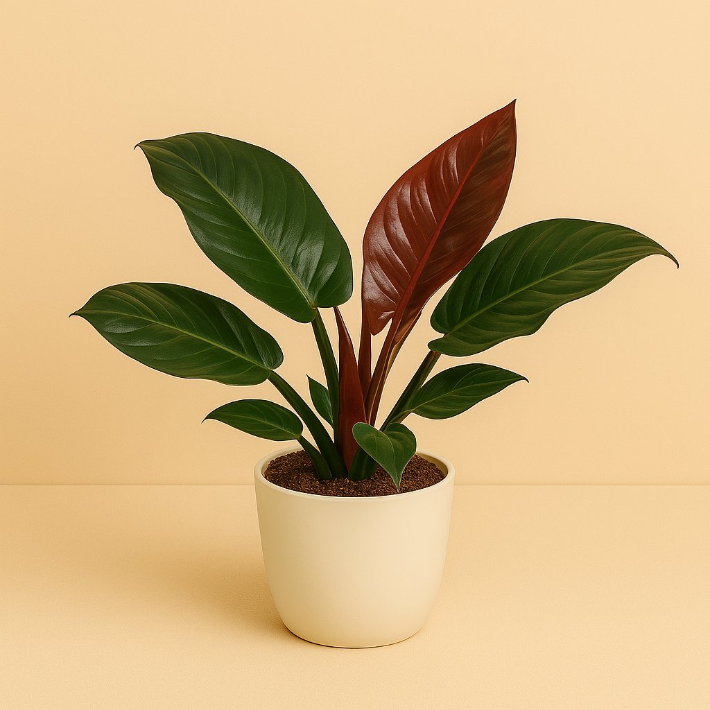 Philodendron Imperial Red - 55cm in einem modernen Studio mit modernem Topf