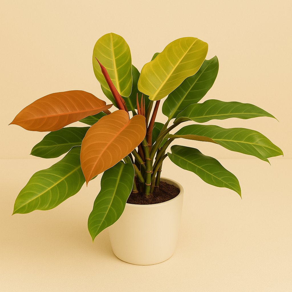 Philodendron Prince Of Orange - 75cm in einem modernen Studio mit modernem Topf