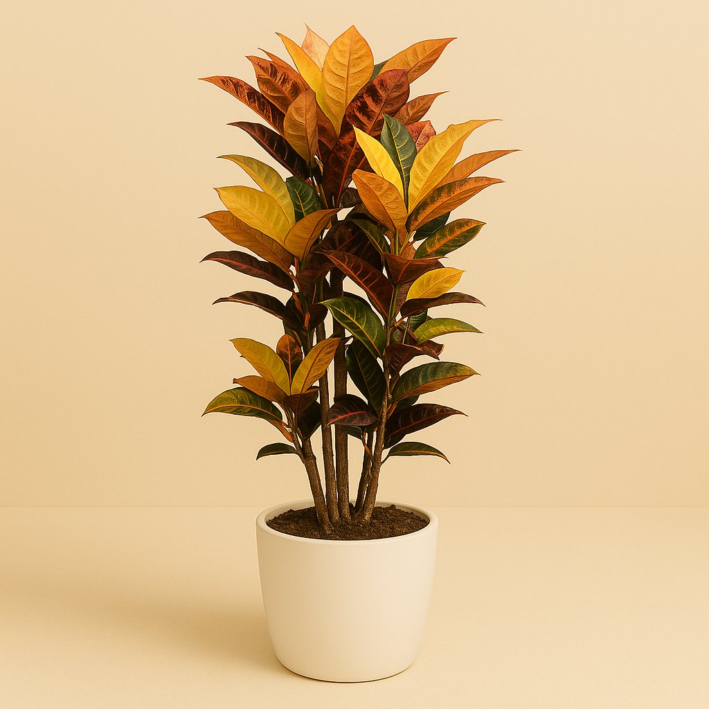 Codiaeum Mrs Iceton - 80cm in einem modernen Studio mit modernem Topf
