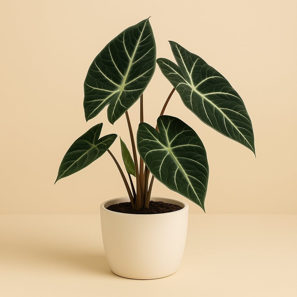 Alocasia Pink Dragon - 75cm in einem modernen Studio mit modernem Topf