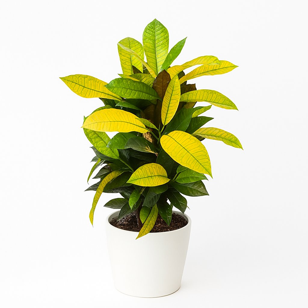 Croton Mrs. Iceton - 65cm in einem modernen Studio mit modernem Topf