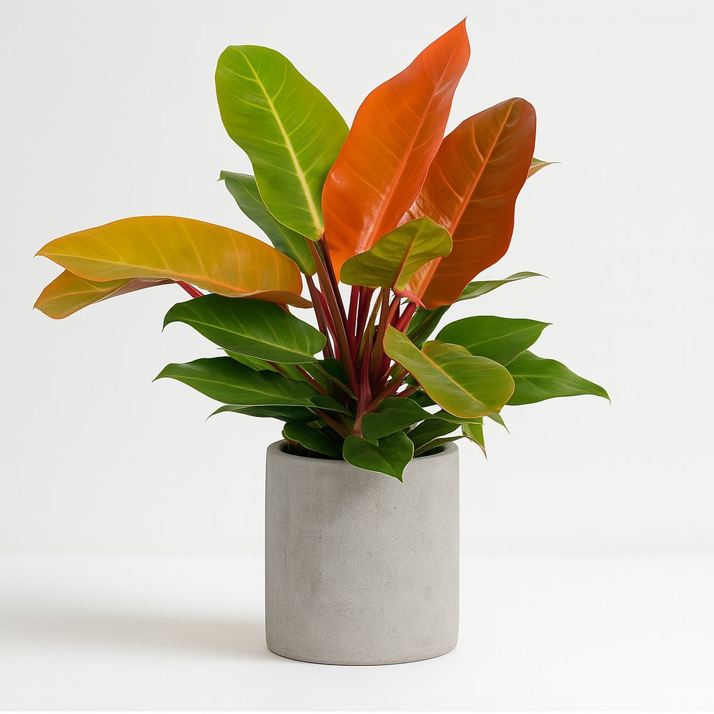 Philodendron Prince of Orange - 45cm in einem modernen Studio mit modernem Topf