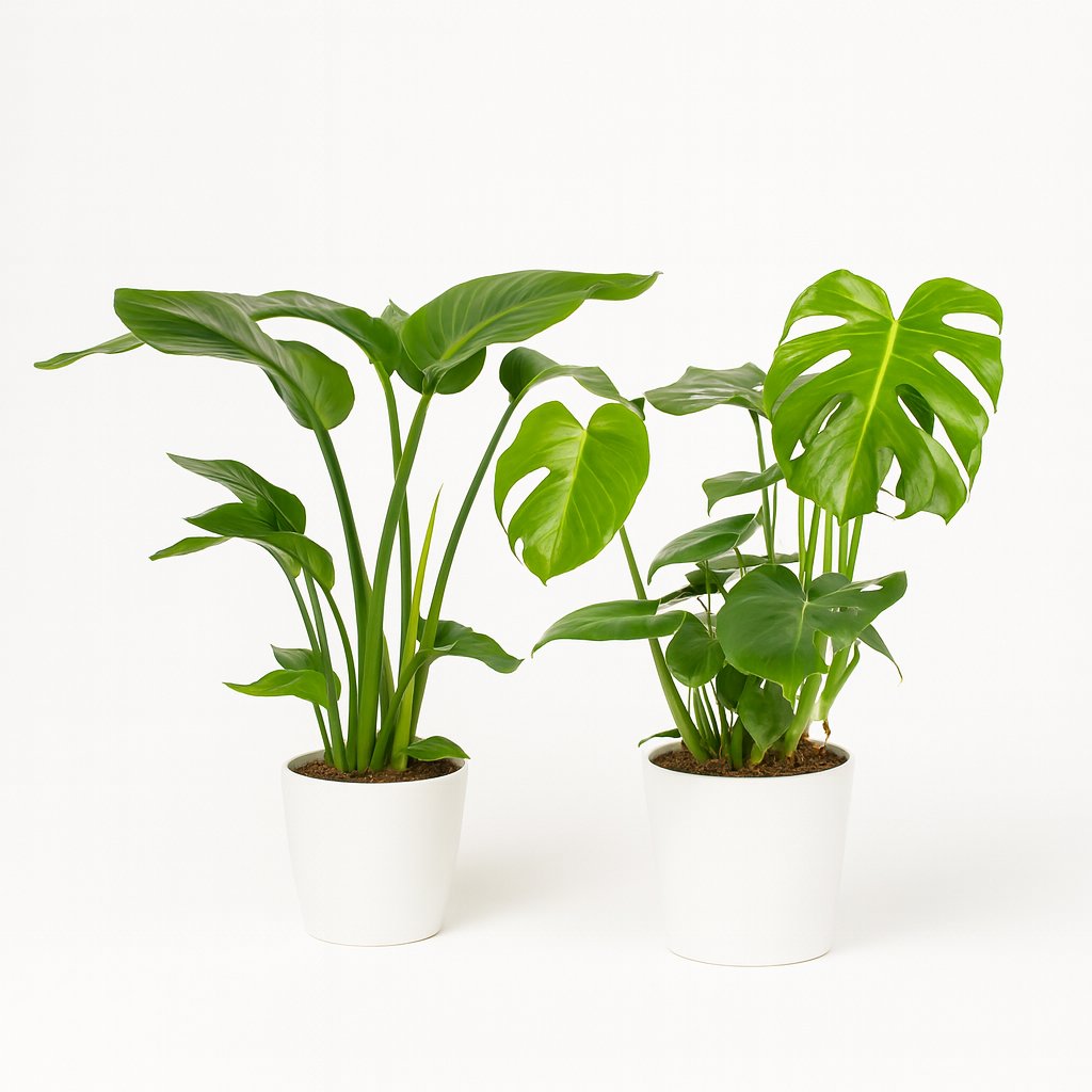 Strelitzia Nicolai - 85cm und Monstera Deliciosa - 75cm in einem modernen Studio mit modernem Topf