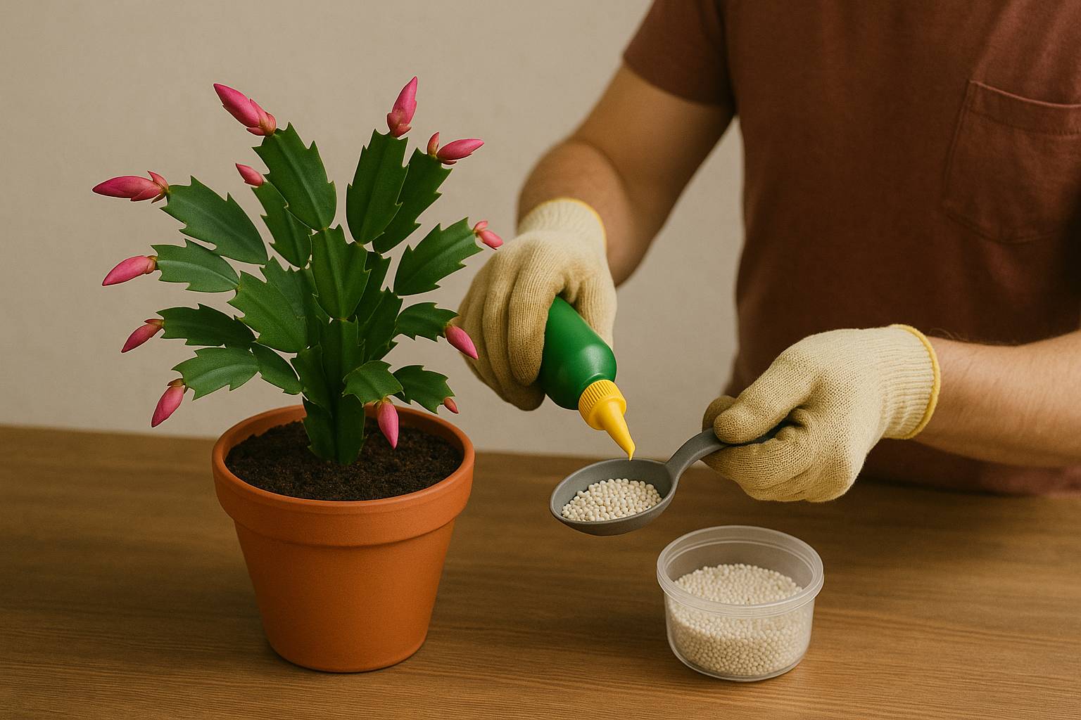 Christmas cactus with flower buds and plant fertilizer