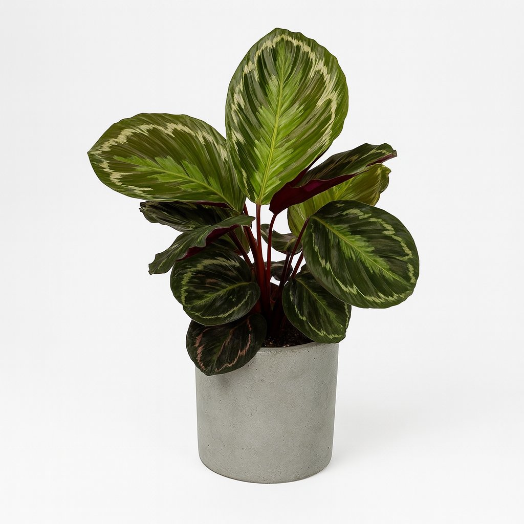 Calathea Medallion 45cm im 14cm Topf in einem modernen Studio mit modernem Topf