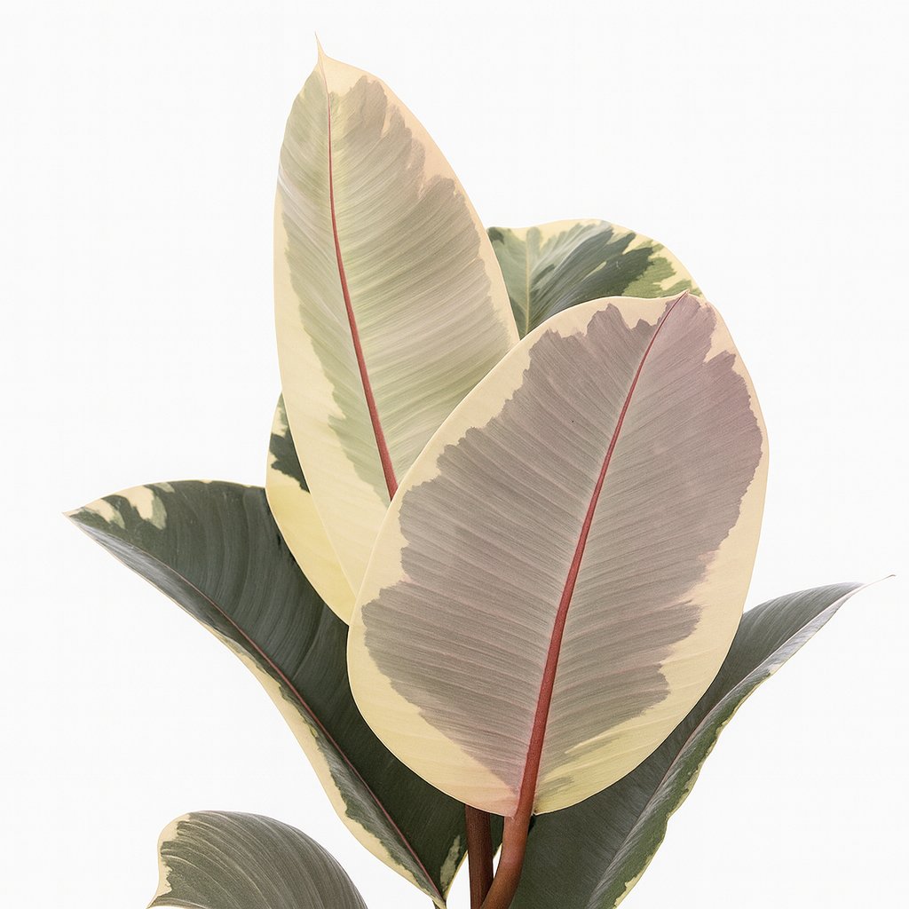Ficus Elastica Tineke - 50cm, Nahaufnahme der weiß-grün panaschierten Blätter